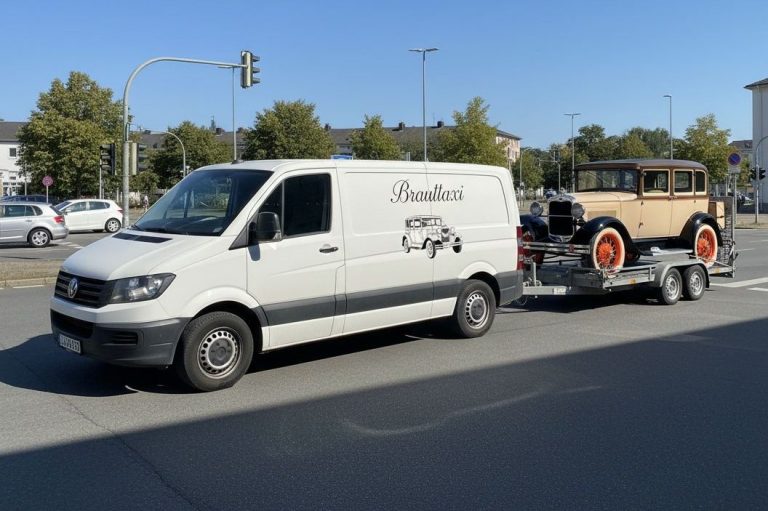 Unser weißer Transporter zieht das Brauttaxi auf Anhänger zu Ihrer Wunschlocation