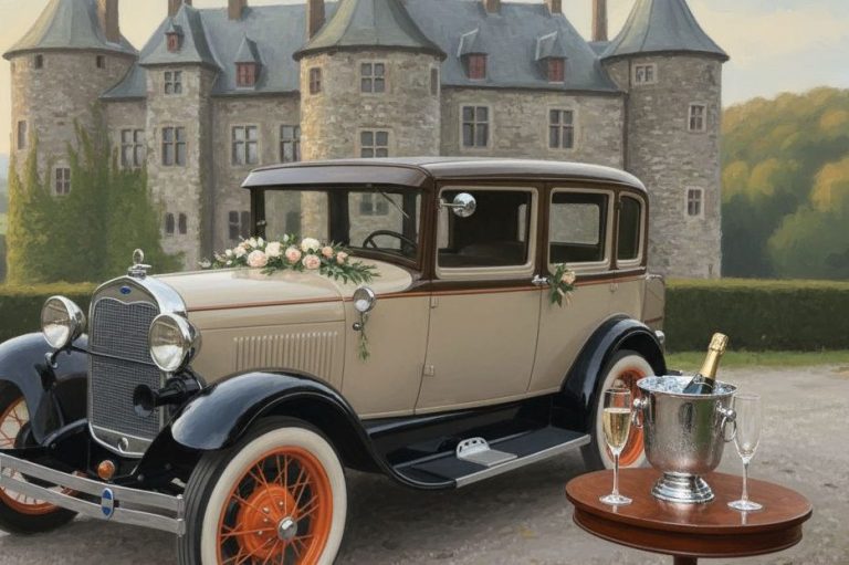 das Brauttaxi vor einem Schloss, dekoriert mit Blumen und einem Champagnerkühler.