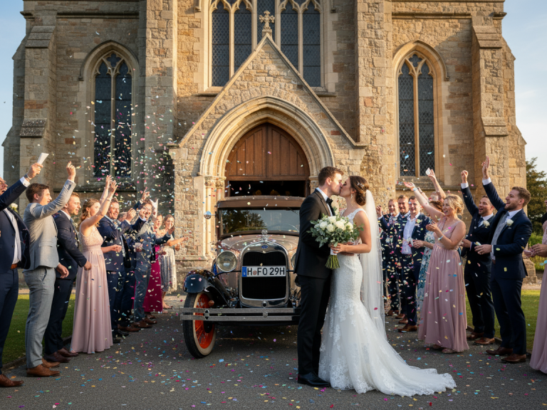 Brautpaar küsst sich vor einer Kirche, umgeben von Gästen, die Konfetti werfen.